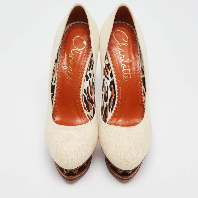 Pre Owned Charlotte Olympia Cream Canvas Rattan Dolly Platform Pumps Size 38