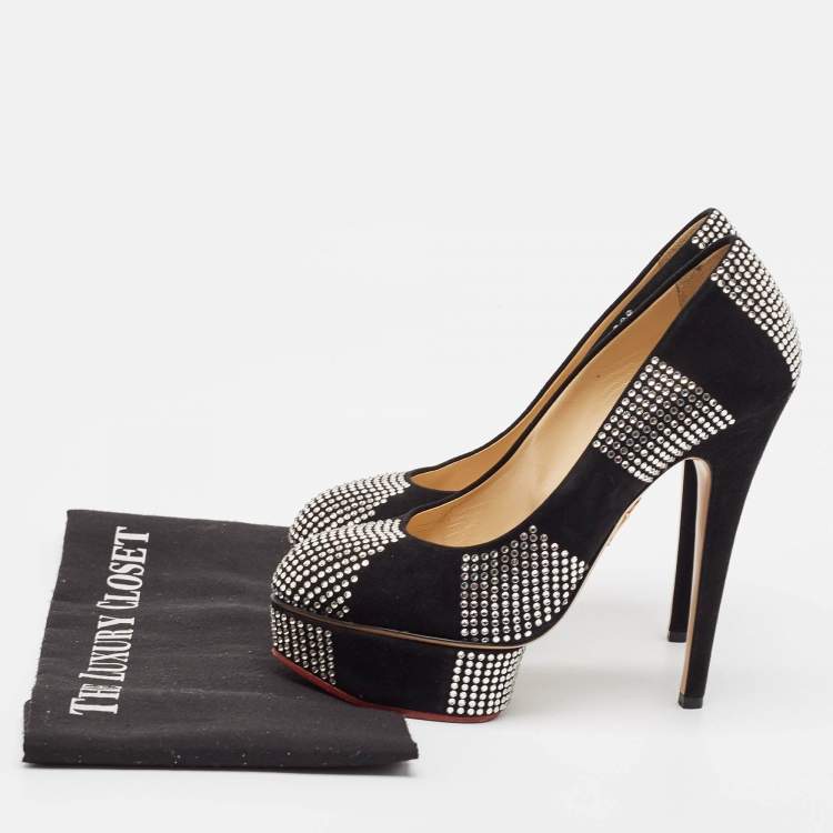 Pre Owned Charlotte Olympia Black Suede Dolly Platform Pumps Size 37.5