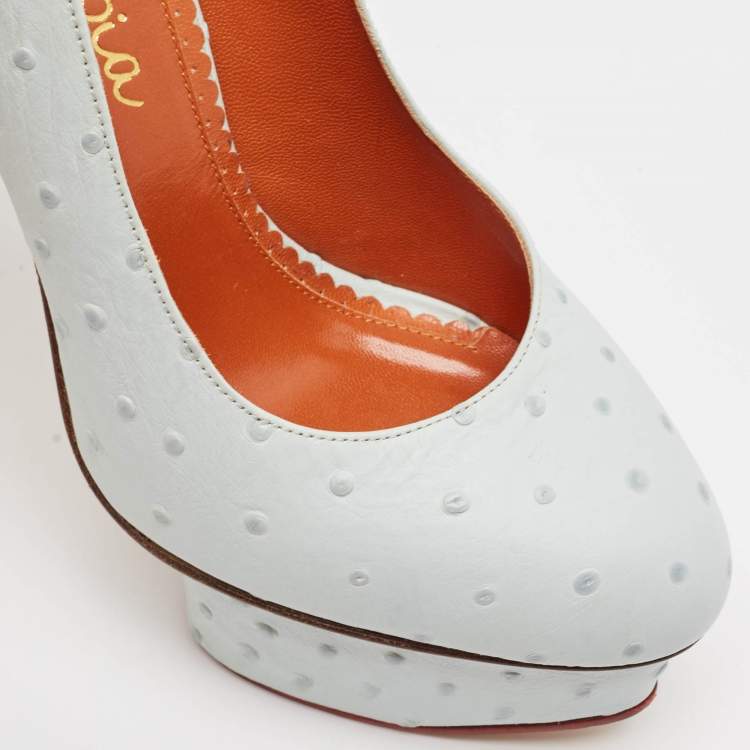مملوكة مسبقًا Charlotte Olympia Light Blue Ostrich Embossed Leather Dolly Platform Pumps Size 38