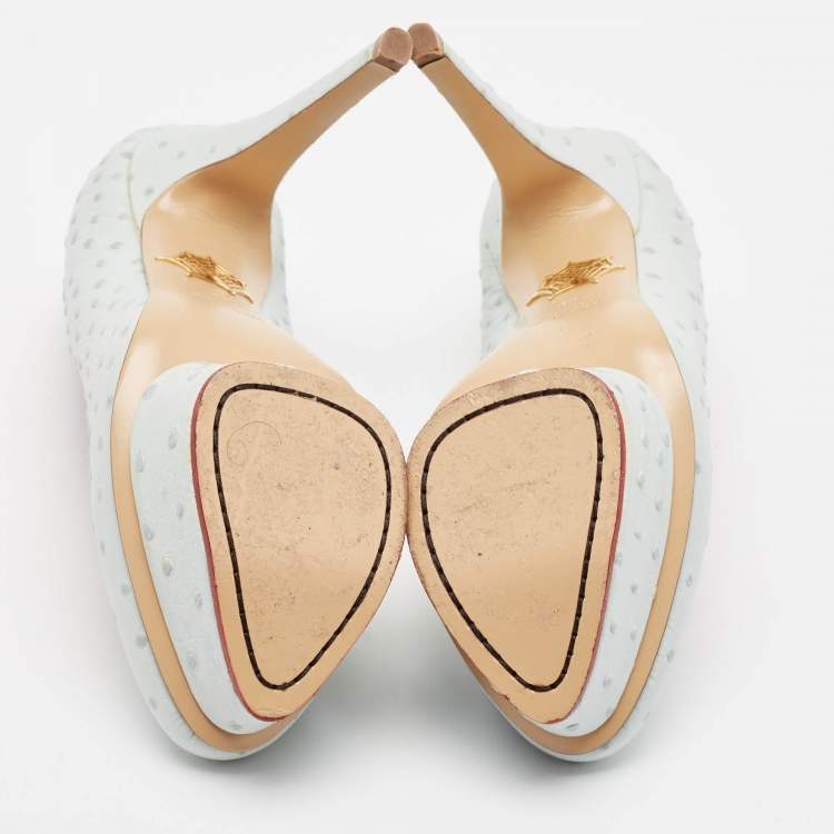 مملوكة مسبقًا Charlotte Olympia Light Blue Ostrich Embossed Leather Dolly Platform Pumps Size 38