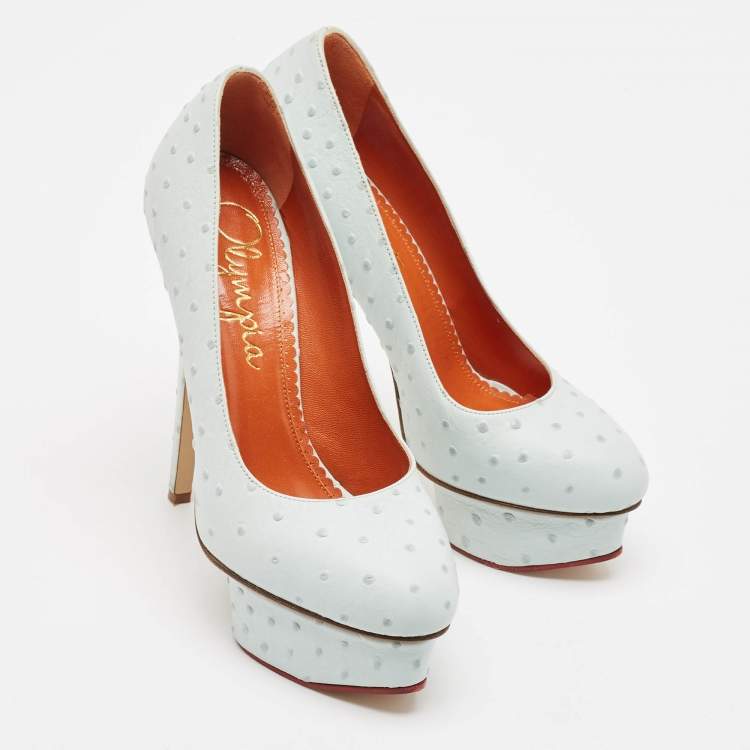 مملوكة مسبقًا Charlotte Olympia Light Blue Ostrich Embossed Leather Dolly Platform Pumps Size 38