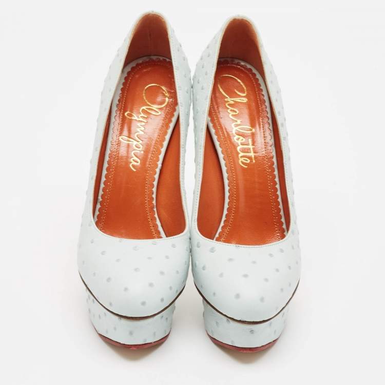 مملوكة مسبقًا Charlotte Olympia Light Blue Ostrich Embossed Leather Dolly Platform Pumps Size 38