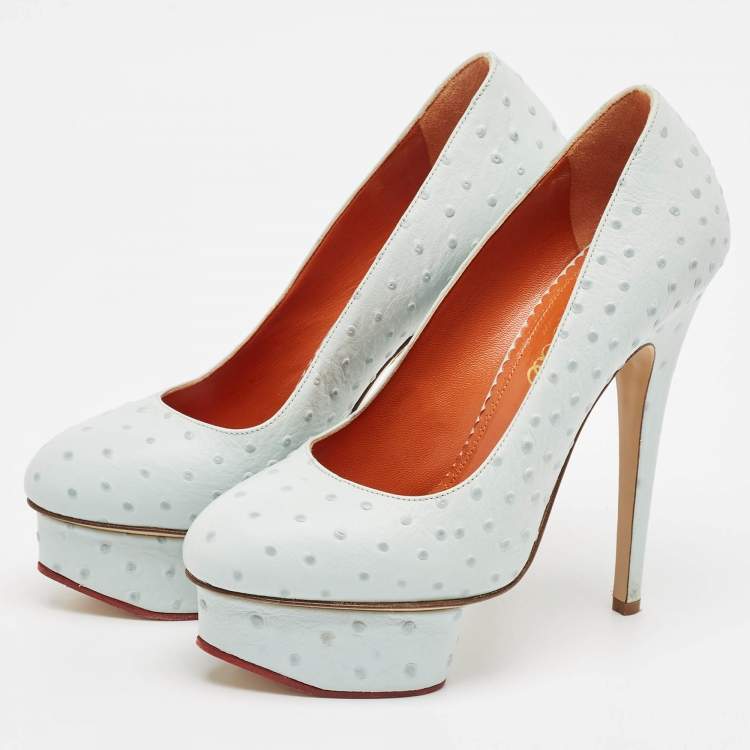 مملوكة مسبقًا Charlotte Olympia Light Blue Ostrich Embossed Leather Dolly Platform Pumps Size 38