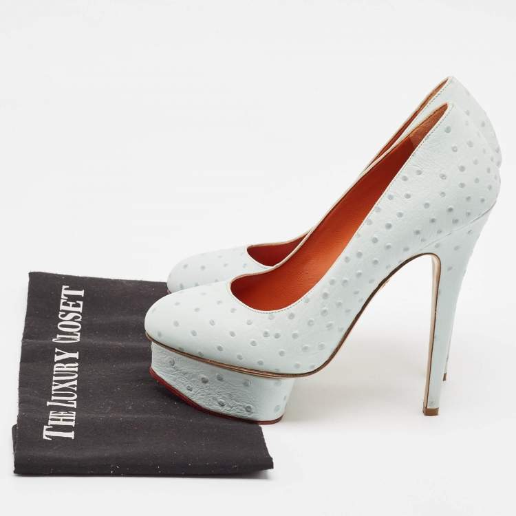 مملوكة مسبقًا Charlotte Olympia Light Blue Ostrich Embossed Leather Dolly Platform Pumps Size 38