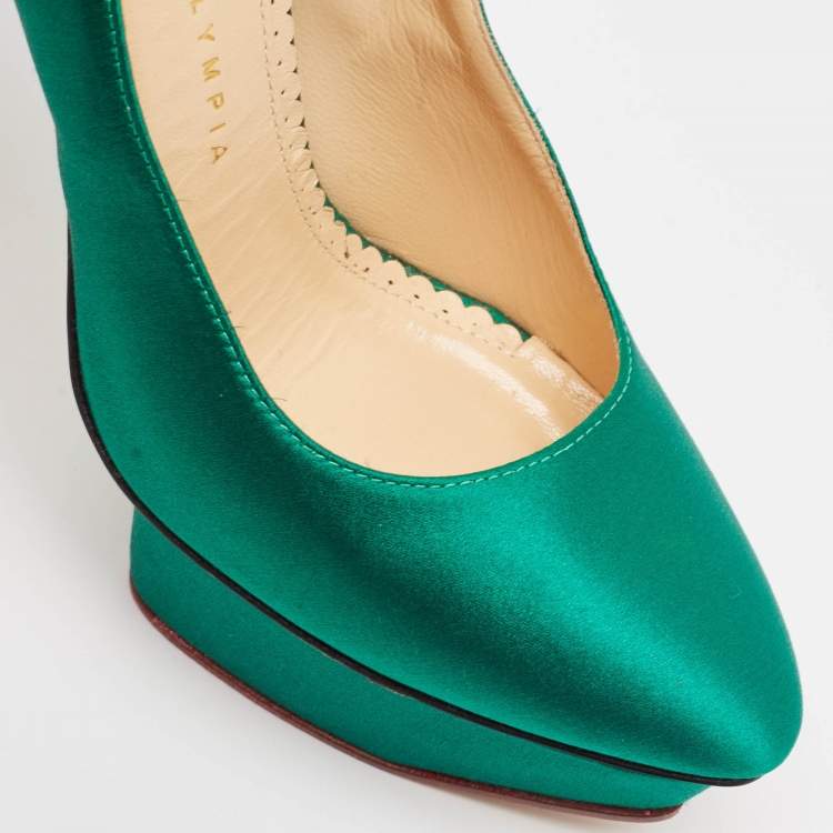 Pre Owned Charlotte Olympia Green Satin Paloma Platform Pumps Size 37.5