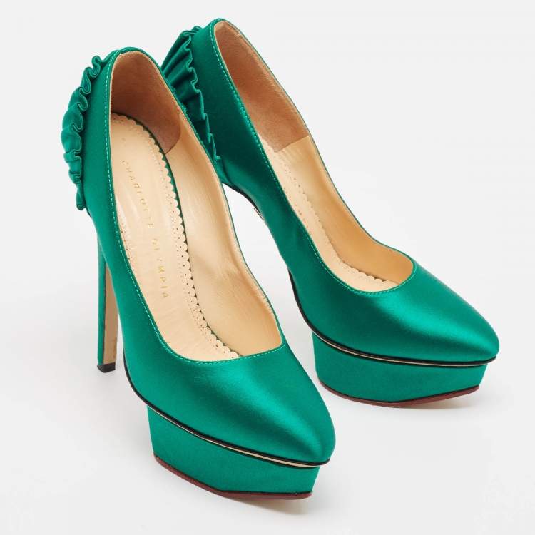 Pre Owned Charlotte Olympia Green Satin Paloma Platform Pumps Size 37.5
