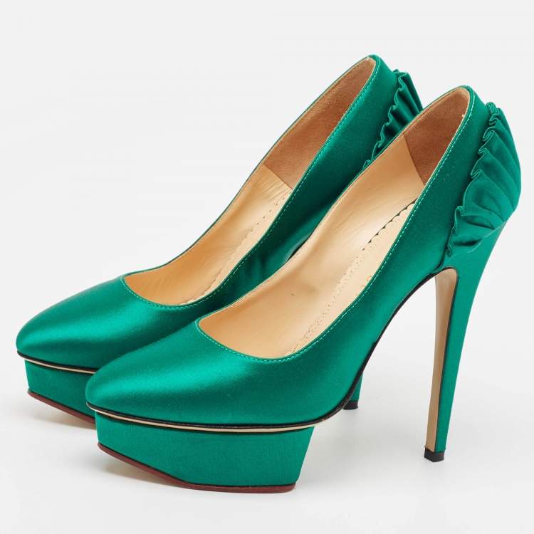 Pre Owned Charlotte Olympia Green Satin Paloma Platform Pumps Size 37.5