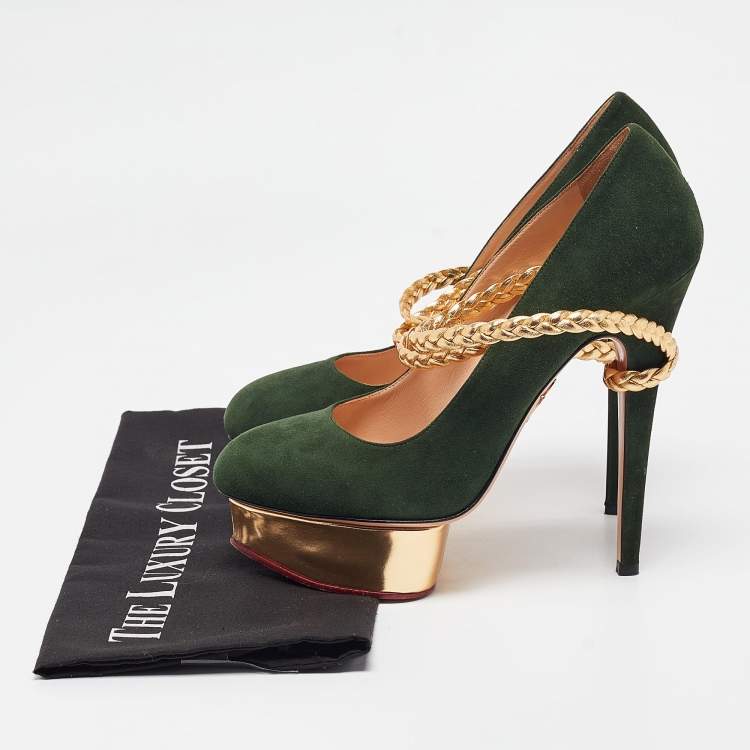Pre Owned Charlotte Olympia Green/Gold Suede and Braided Leather Dolly Ankle Strap Pumps 38.5