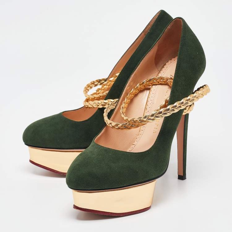 Pre Owned Charlotte Olympia Green/Gold Suede and Braided Leather Dolly Ankle Strap Pumps 38.5