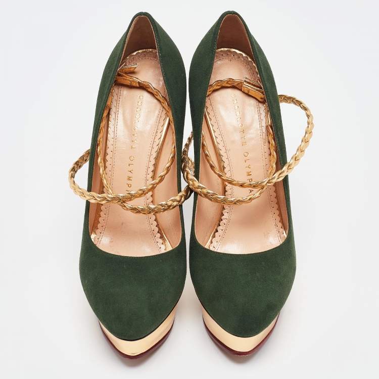 Pre Owned Charlotte Olympia Green/Gold Suede and Braided Leather Dolly Ankle Strap Pumps 38.5