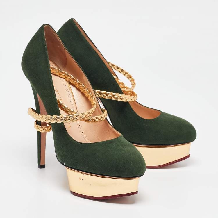 Pre Owned Charlotte Olympia Green/Gold Suede and Braided Leather Dolly Ankle Strap Pumps 38.5