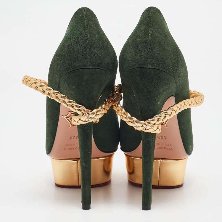 Pre Owned Charlotte Olympia Green/Gold Suede and Braided Leather Dolly Ankle Strap Pumps 38.5