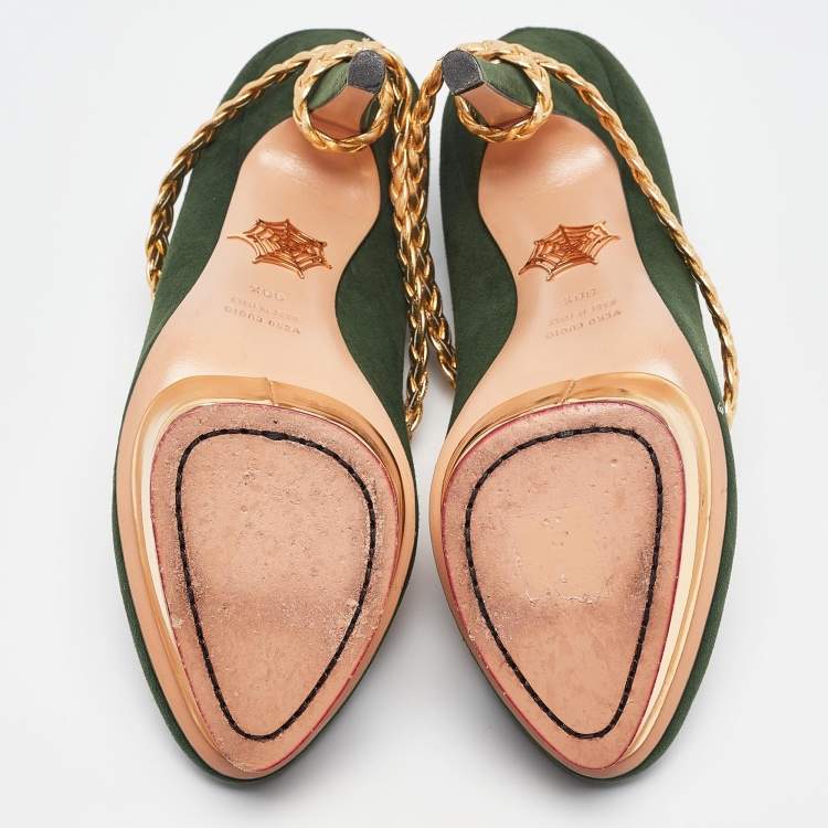 Pre Owned Charlotte Olympia Green/Gold Suede and Braided Leather Dolly Ankle Strap Pumps 38.5