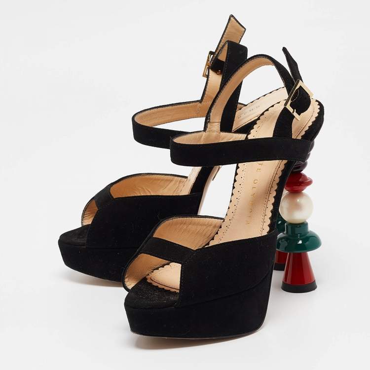 Pre Owned Charlotte Olympia Black Suede Ankle Strap Sandals Size 35