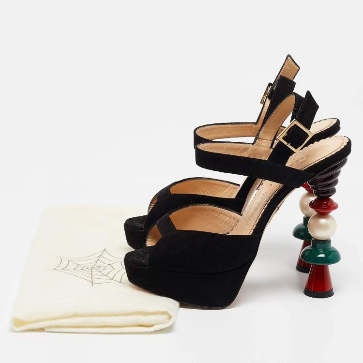 Pre Owned Charlotte Olympia Black Suede Ankle Strap Sandals Size 35