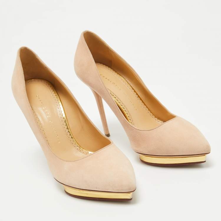 Pre Owned Charlotte Olympia Beige Suede Dotty Platform Pumps Size 38.5
