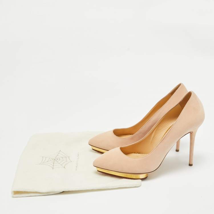 Pre Owned Charlotte Olympia Beige Suede Dotty Platform Pumps Size 38.5