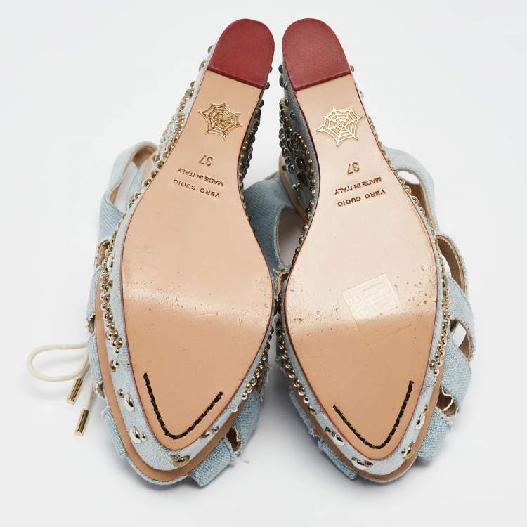 Pre Owned Charlotte Olympia Blue Denim Studded Cut Out Wedge Platform Sandals Size 37