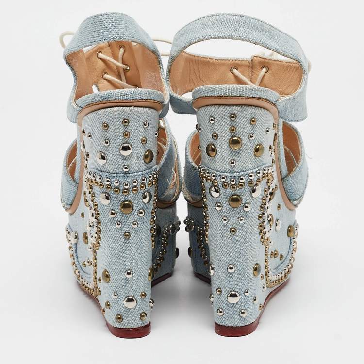 Pre Owned Charlotte Olympia Blue Denim Studded Cut Out Wedge Platform Sandals Size 37