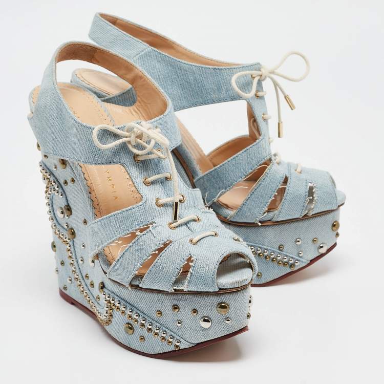Pre Owned Charlotte Olympia Blue Denim Studded Cut Out Wedge Platform Sandals Size 37