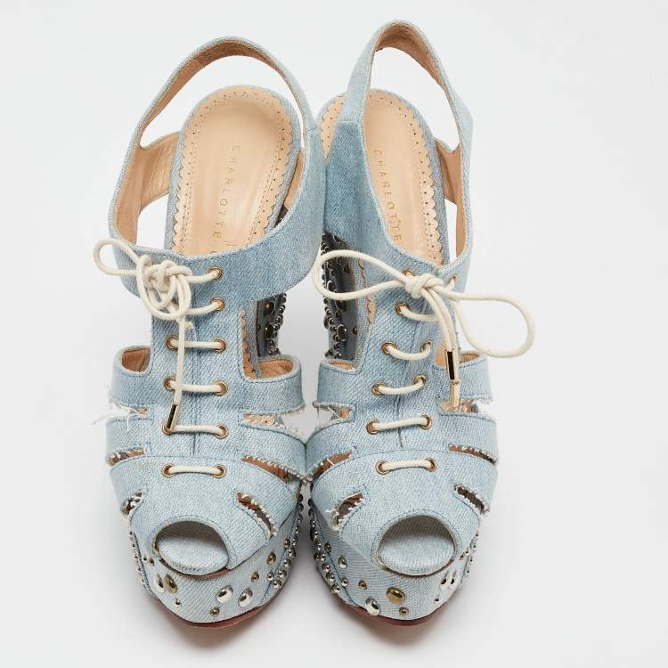 Pre Owned Charlotte Olympia Blue Denim Studded Cut Out Wedge Platform Sandals Size 37