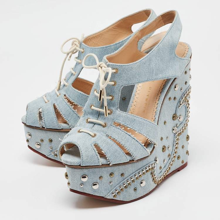 Pre Owned Charlotte Olympia Blue Denim Studded Cut Out Wedge Platform Sandals Size 37