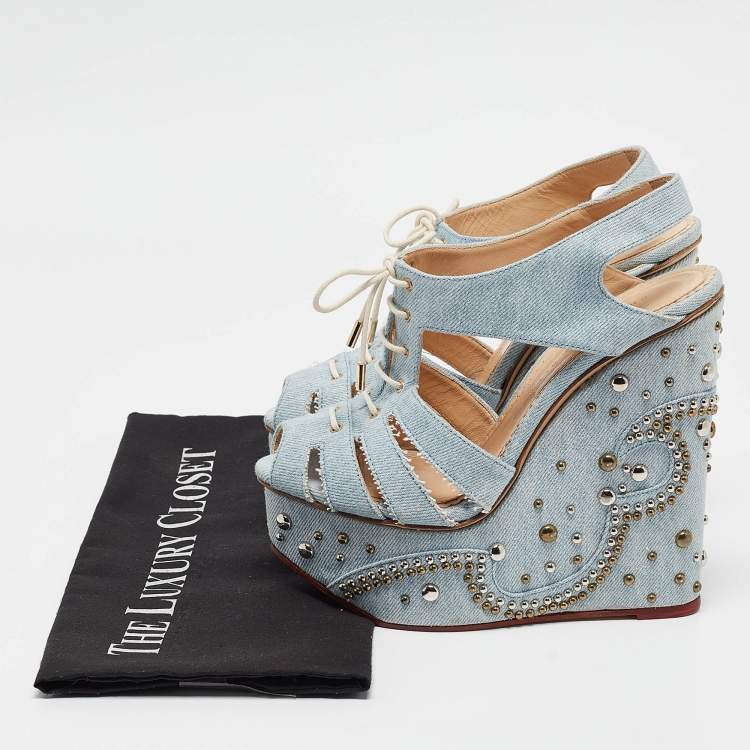 Pre Owned Charlotte Olympia Blue Denim Studded Cut Out Wedge Platform Sandals Size 37