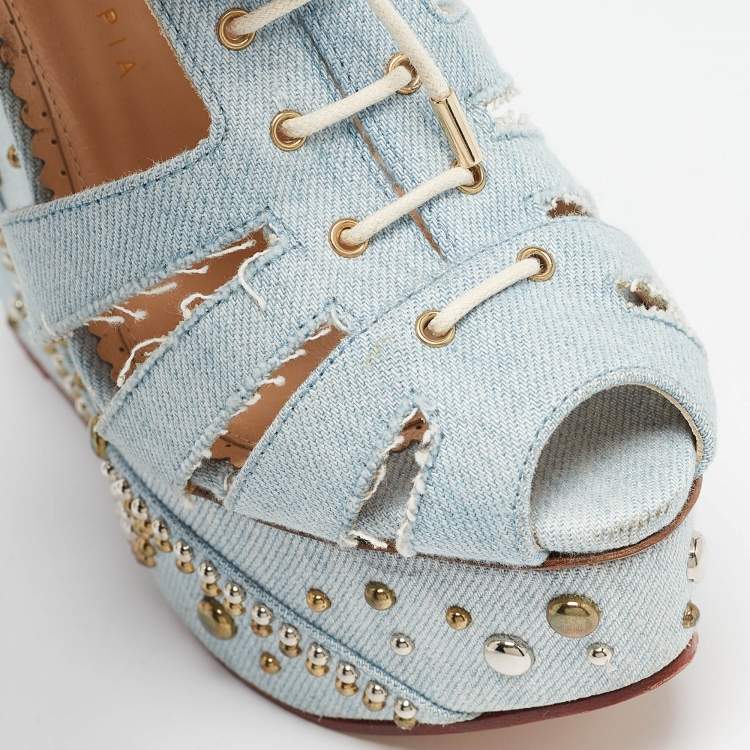 Pre Owned Charlotte Olympia Blue Denim Studded Cut Out Wedge Platform Sandals Size 37