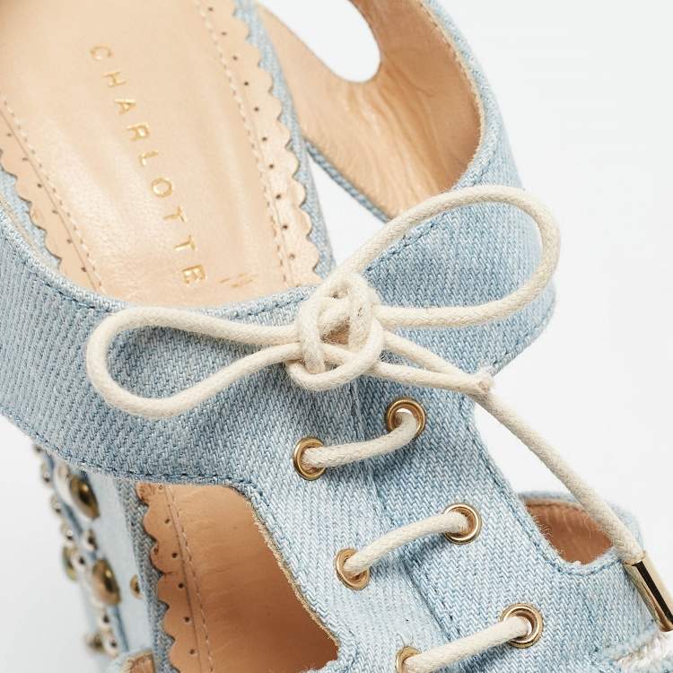 Pre Owned Charlotte Olympia Blue Denim Studded Cut Out Wedge Platform Sandals Size 37