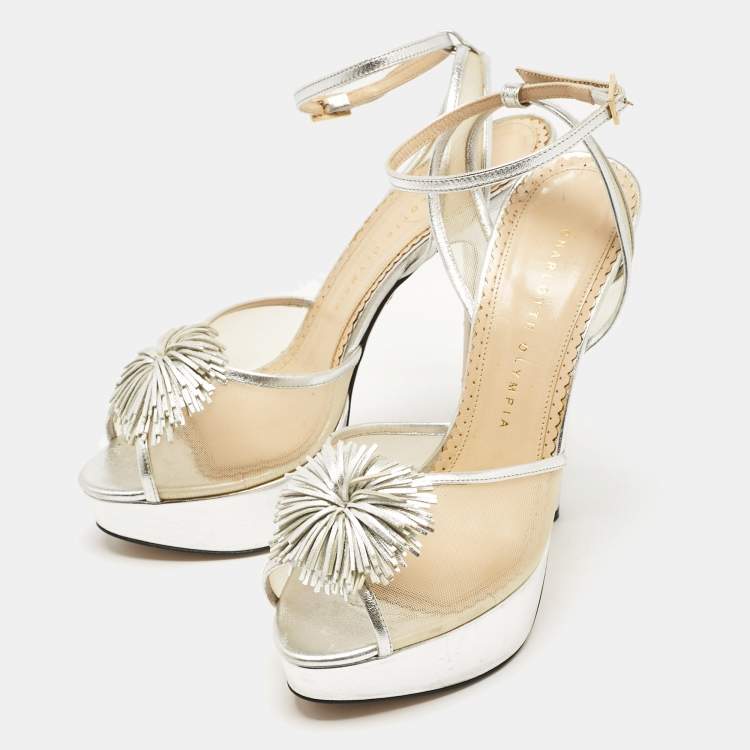 Pre Owned Charlotte Olympia Silver Leather and Mesh Pomeline Platform Sandals Size 38.5