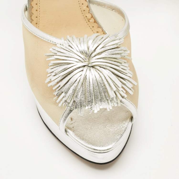 Pre Owned Charlotte Olympia Silver Leather and Mesh Pomeline Platform Sandals Size 38.5