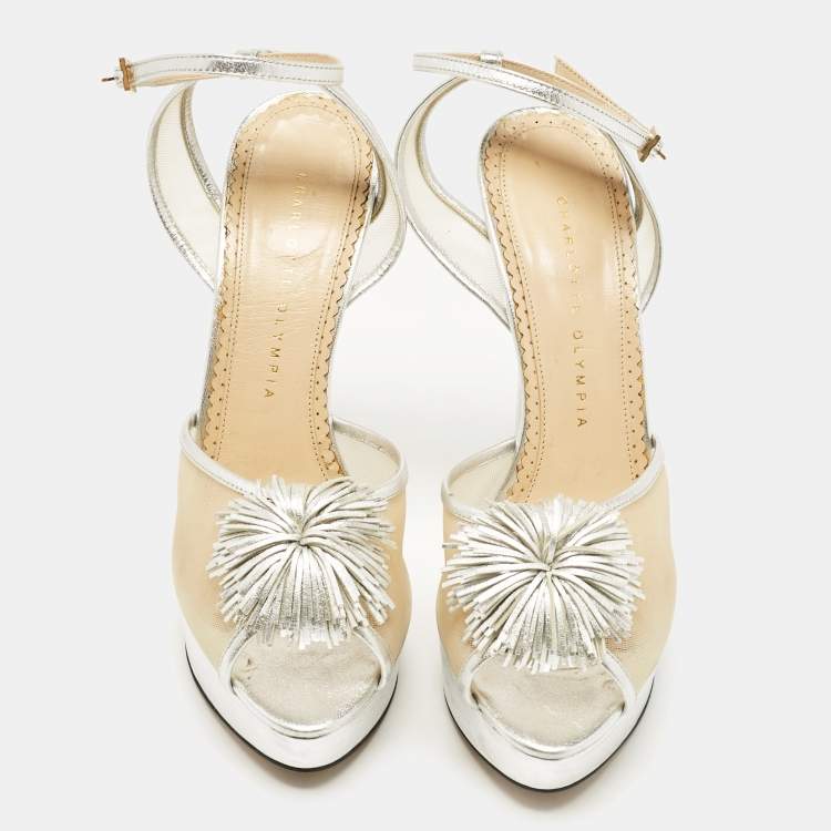 Pre Owned Charlotte Olympia Silver Leather and Mesh Pomeline Platform Sandals Size 38.5