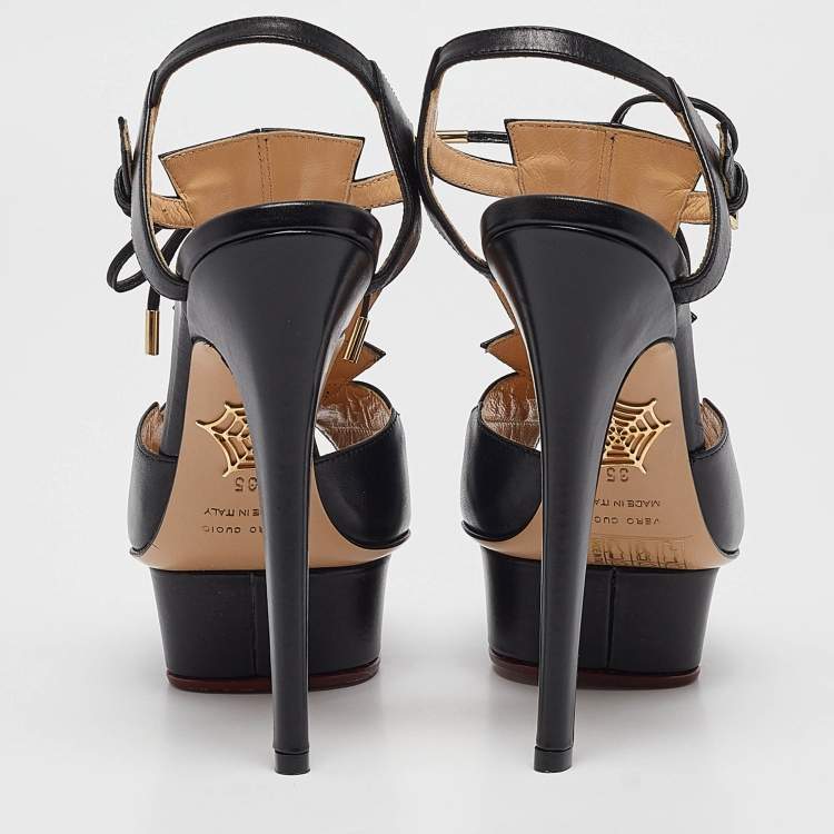 Pre Owned Charlotte Olympia Black Leather Ankle Strap Sandals Size 35
