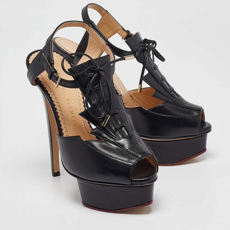 Pre Owned Charlotte Olympia Black Leather Ankle Strap Sandals Size 35