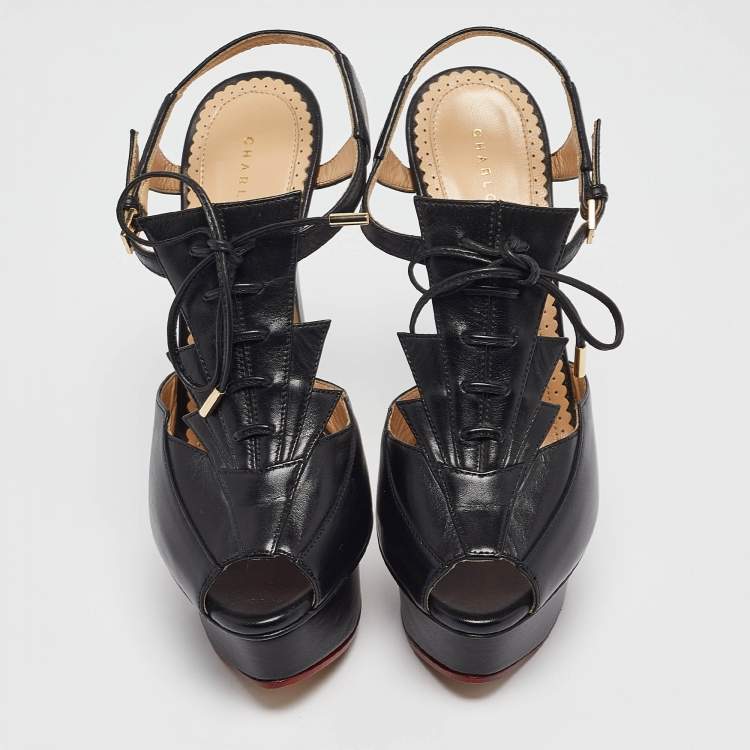 Pre Owned Charlotte Olympia Black Leather Ankle Strap Sandals Size 35