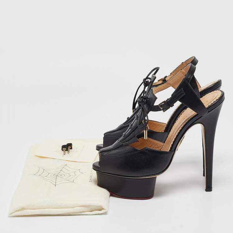 Pre Owned Charlotte Olympia Black Leather Ankle Strap Sandals Size 35