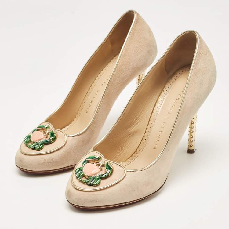 Pre Owned Charlotte Olympia Beige Suede Birthday Zodiac Pumps Size 36.5