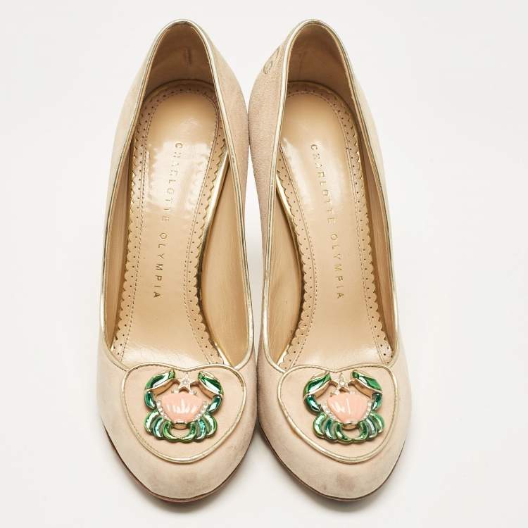 Pre Owned Charlotte Olympia Beige Suede Birthday Zodiac Pumps Size 36.5