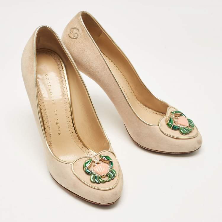 Pre Owned Charlotte Olympia Beige Suede Birthday Zodiac Pumps Size 36.5