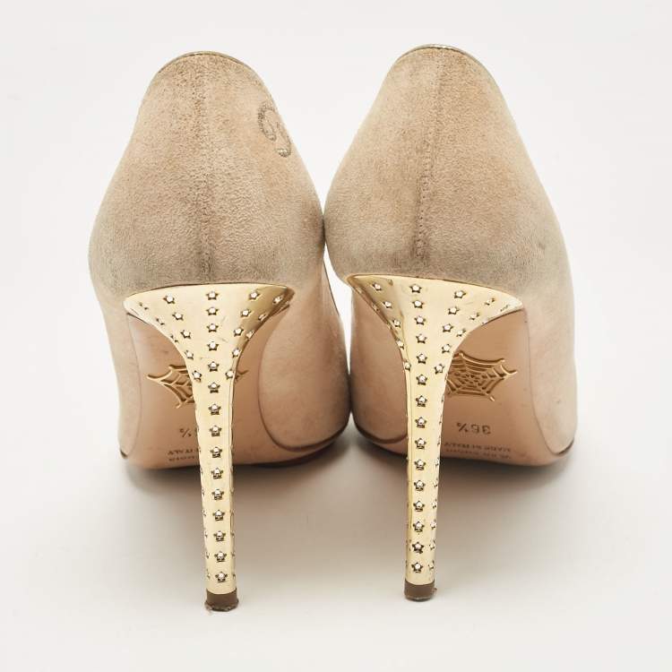 Pre Owned Charlotte Olympia Beige Suede Birthday Zodiac Pumps Size 36.5