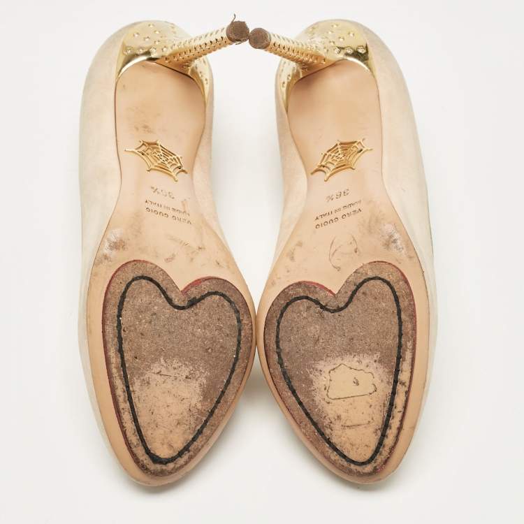 Pre Owned Charlotte Olympia Beige Suede Birthday Zodiac Pumps Size 36.5