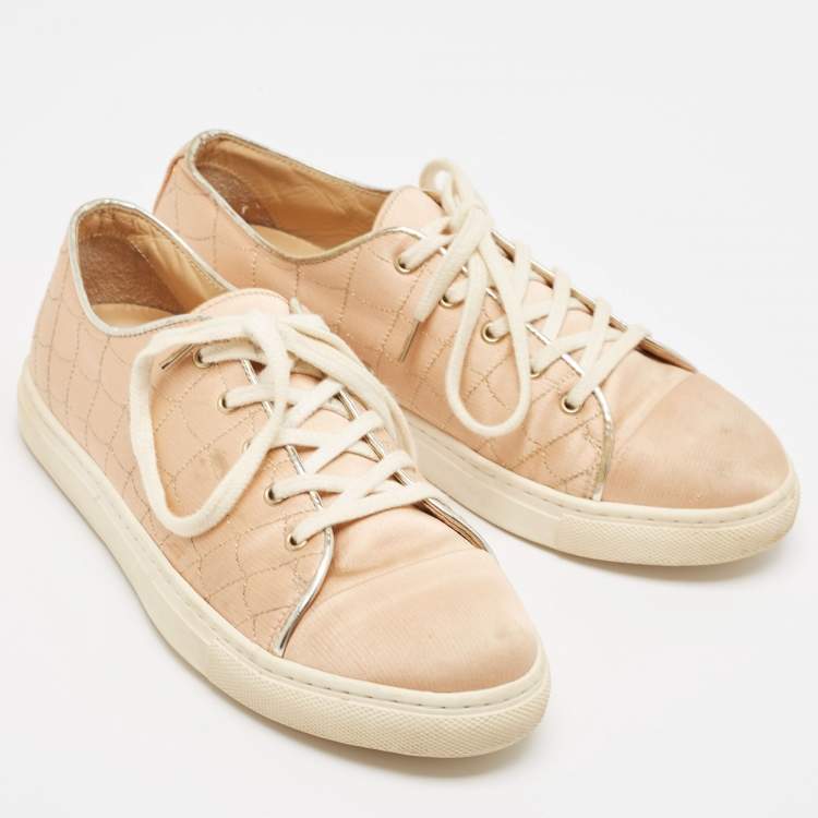 Pre Owned Charlotte Olympia Beige Leather and Satin Lace Up Sneakers Size 36