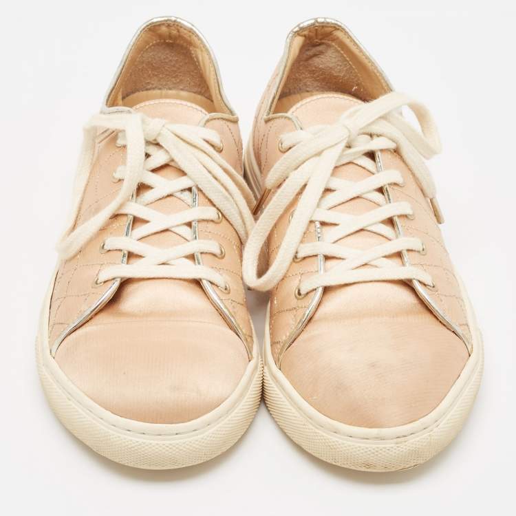 Pre Owned Charlotte Olympia Beige Leather and Satin Lace Up Sneakers Size 36