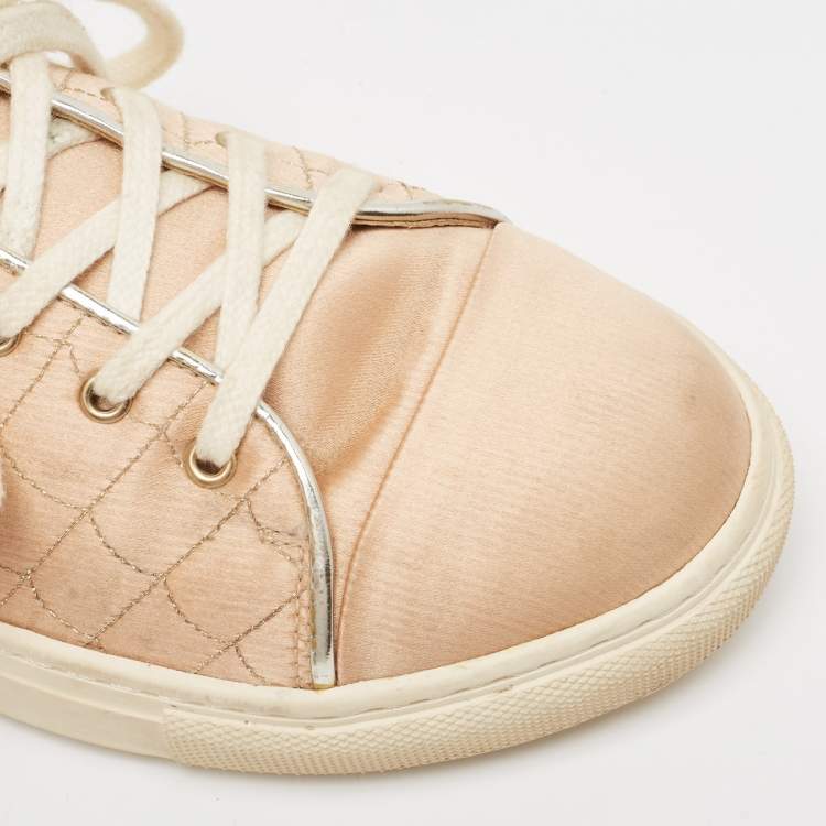 Pre Owned Charlotte Olympia Beige Leather and Satin Lace Up Sneakers Size 36