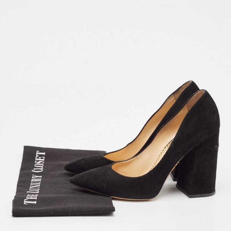 Pre Owned Charlotte Olympia Black Suede Block Heel Pumps Size 39