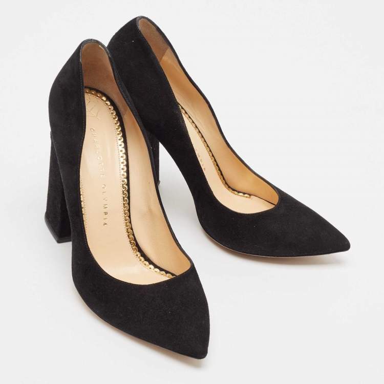 Pre Owned Charlotte Olympia Black Suede Block Heel Pumps Size 39