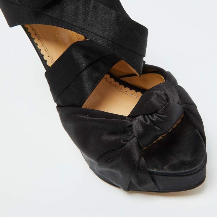 Pre Owned Charlotte Olympia Black Satin Andrea Knotted Platform Sandals Size 40.5