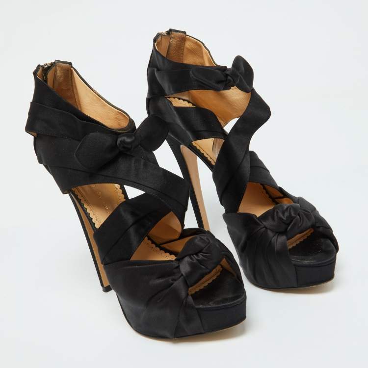Pre Owned Charlotte Olympia Black Satin Andrea Knotted Platform Sandals Size 40.5