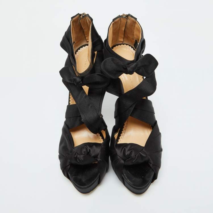 Pre Owned Charlotte Olympia Black Satin Andrea Knotted Platform Sandals Size 40.5