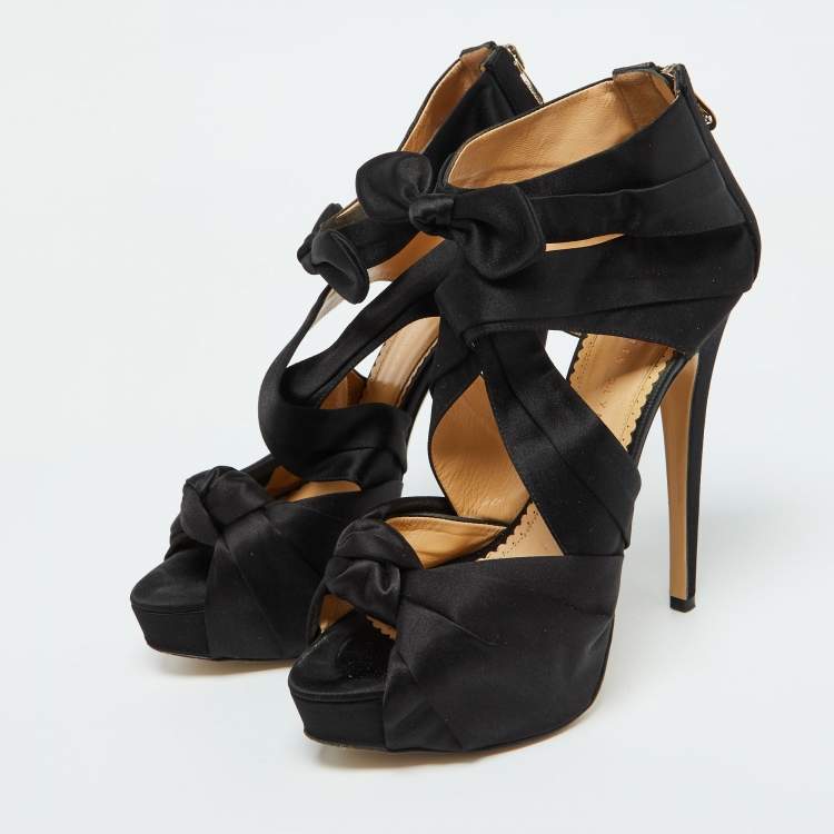 Pre Owned Charlotte Olympia Black Satin Andrea Knotted Platform Sandals Size 40.5